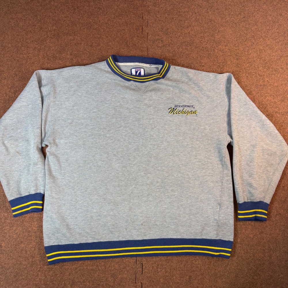 Logo 7 Michigan Wolverines Sweatshirt Mens XL Grey Striped Trim Embroidered NCAA